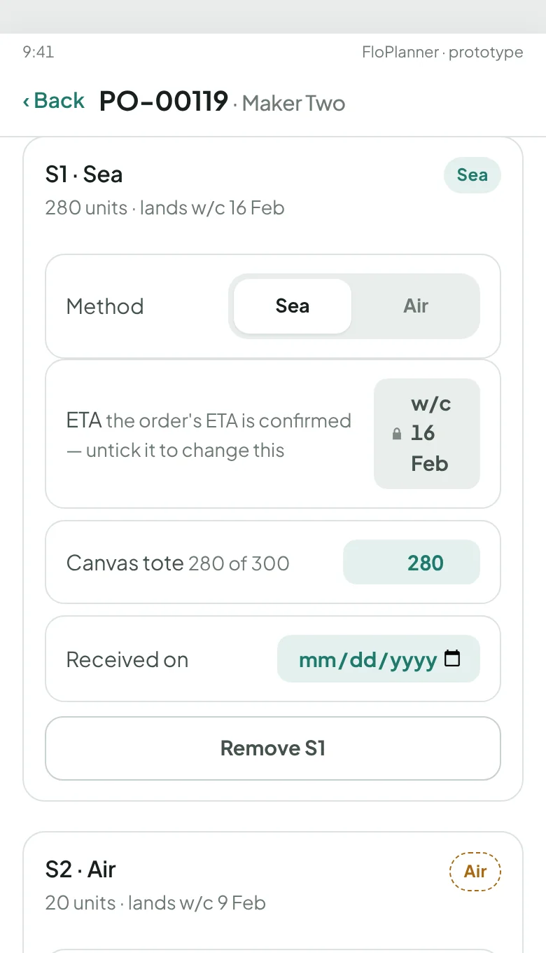 A purchase order on demo data split into S1 by sea, 280 units landing w/c 16 Feb, and S2 by air, 20 units landing w/c 9 Feb